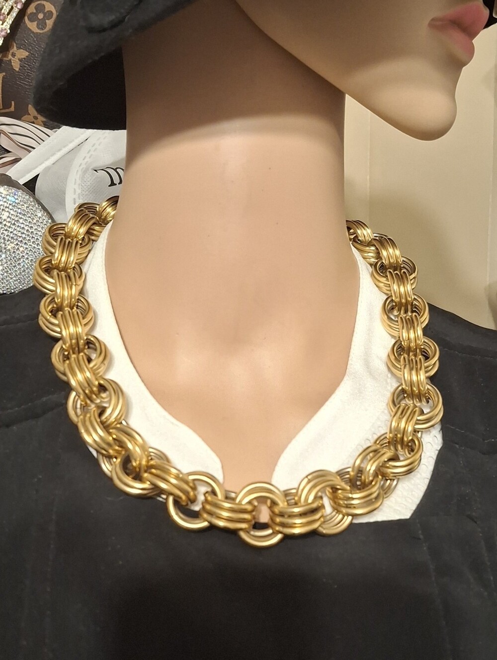 Monet Vintage Gold Triple Link Chain Necklace -20" 20mm Wide Women's Jewelry
